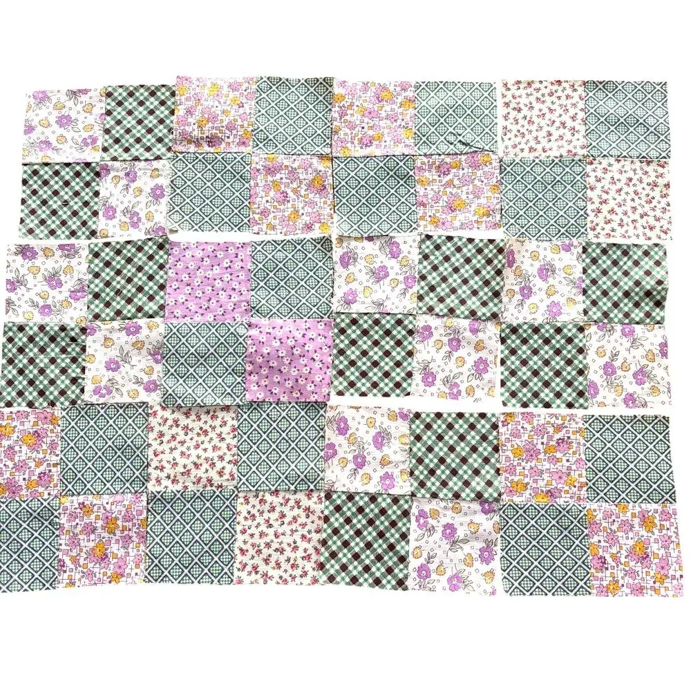 Flour sack patchwork quilt blocks (12) hand stitched multi prints pinks greens